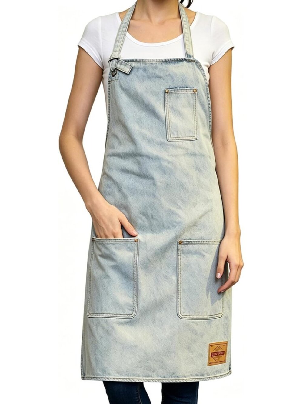Denim Chef Apron for Women with Pockets, Jean Waitress Server Kitchen Apron for